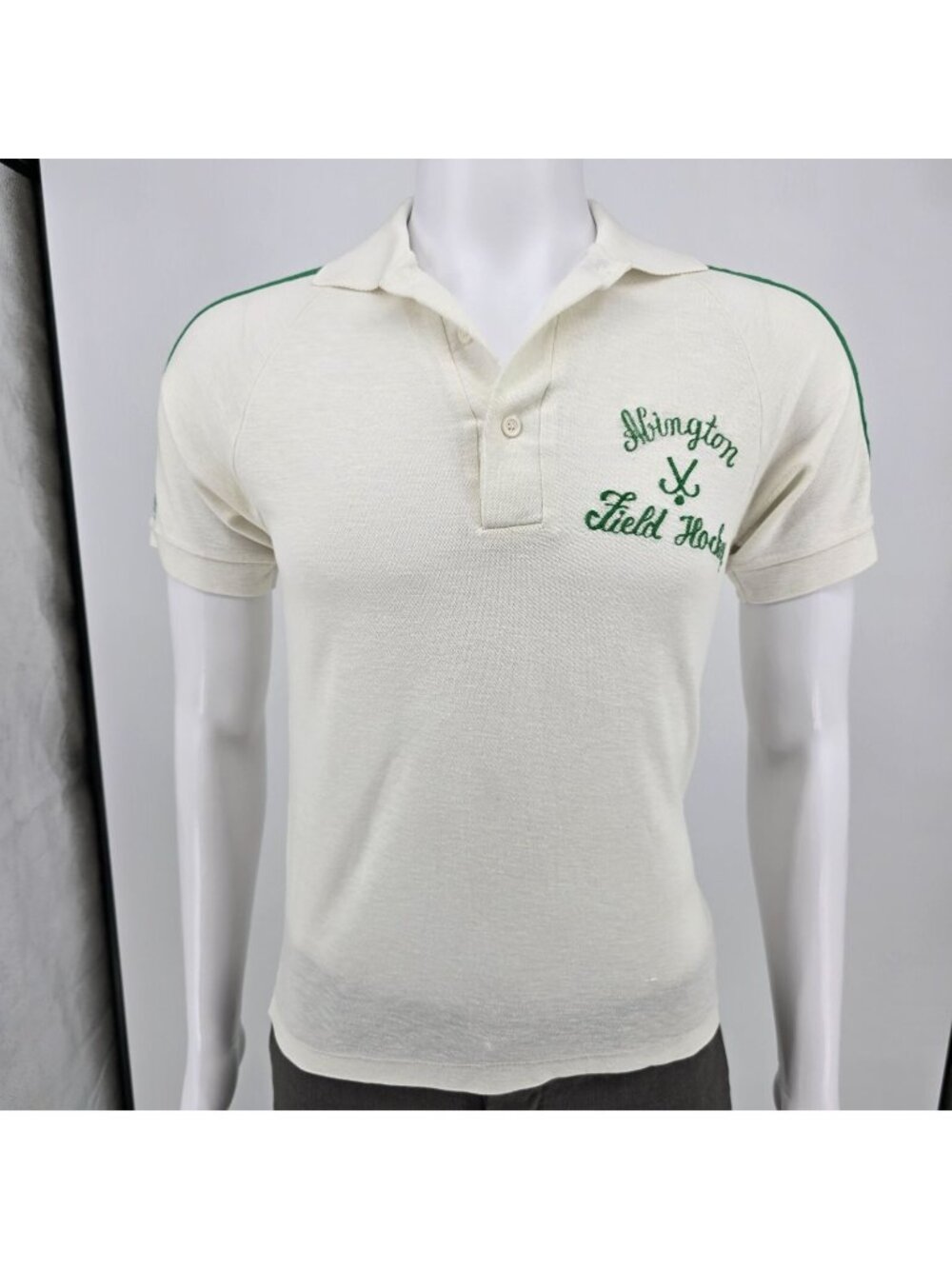 Vintage 1970s Your Advantage Abington Field Hockey Green Striped Polo Shirt (S)